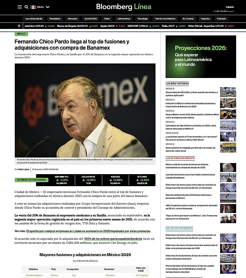 Fernando Chico Pardo llega al top de fusiones y adquisiciones con compra de Banamex